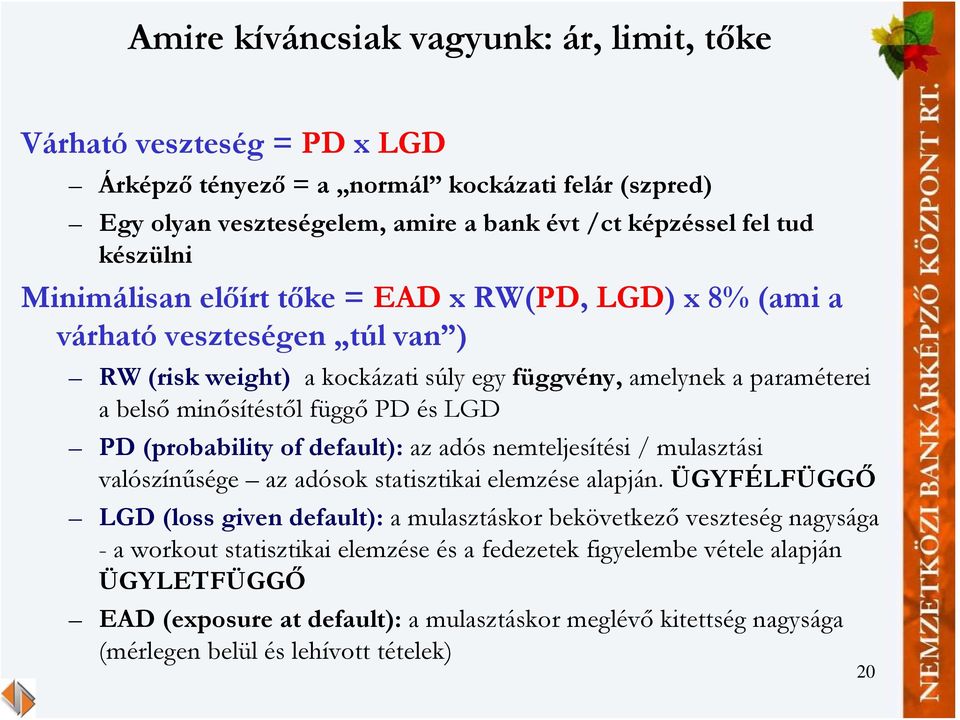 (probability of default): az adós nemteljesítési / mulasztási valószínűsége az adósok statisztikai elemzése alapján.