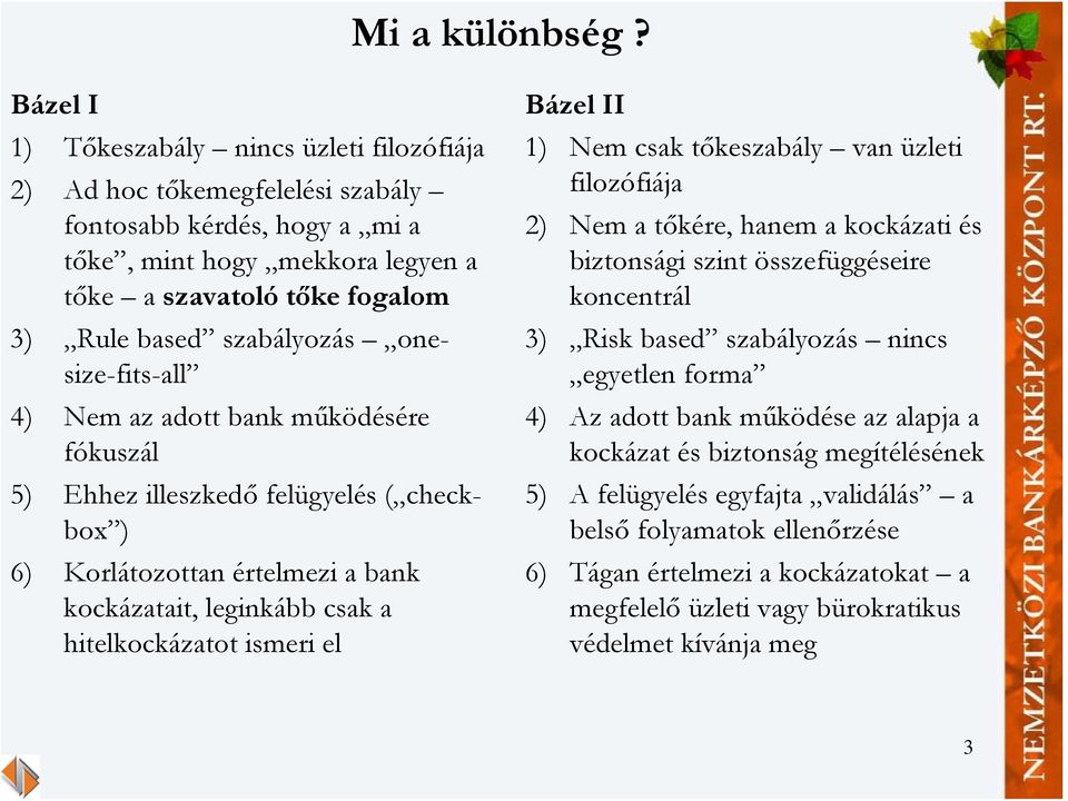 szabályozás onesize-fits-all 4) Nem az adott bank működésére fókuszál 5) Ehhez illeszkedő felügyelés ( checkbox ) 6) Korlátozottan értelmezi a bank kockázatait, leginkább csak a hitelkockázatot