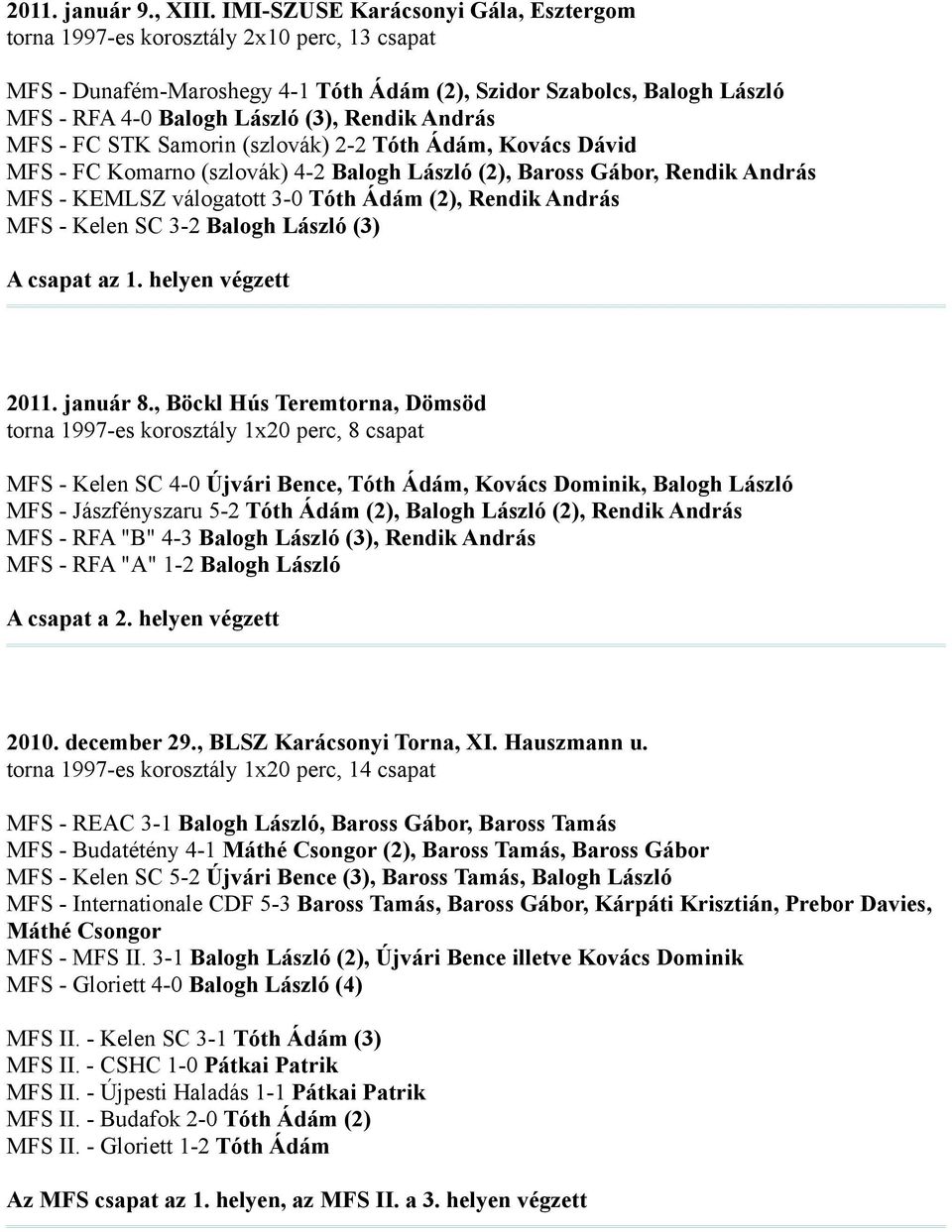 András MFS - FC STK Samorin (szlovák) 2-2 Tóth Ádám, Kovács Dávid MFS - FC Komarno (szlovák) 4-2 Balogh László (2), Baross Gábor, Rendik András MFS - KEMLSZ válogatott 3-0 Tóth Ádám (2), Rendik