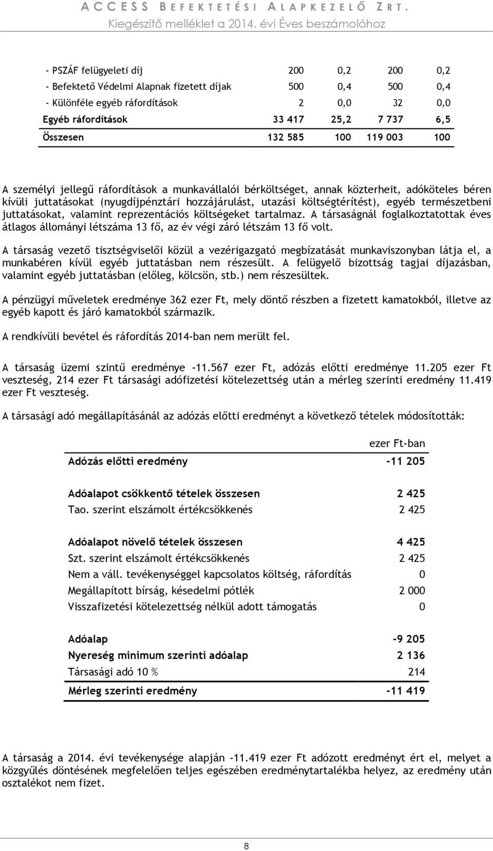 egyéb természetbeni juttatásokat, valamint reprezentációs költségeket tartalmaz. A társaságnál foglalkoztatottak éves átlagos állományi létszáma 13 fő, az év végi záró létszám 13 fő volt.