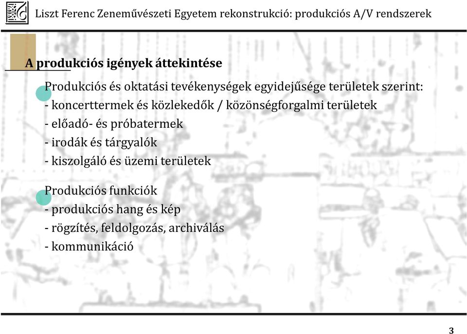 előadó- és próbatermek - irodák és tárgyalók - kiszolgáló és üzemi területek