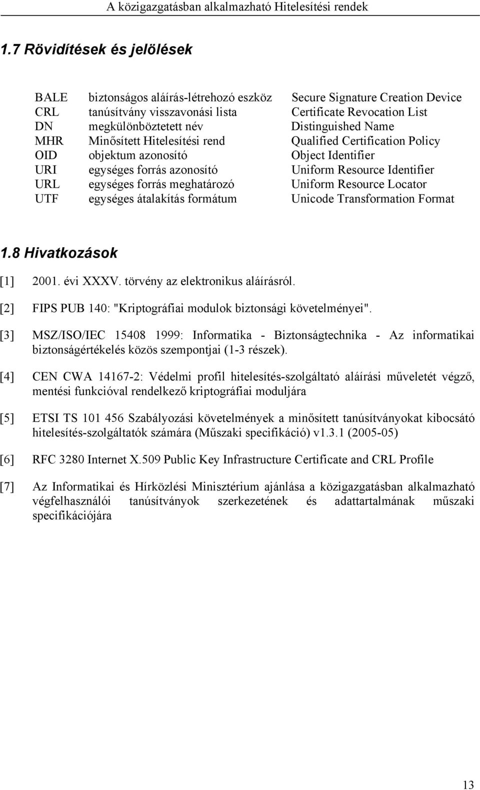 forrás meghatározó Uniform Resource Locator UTF egységes átalakítás formátum Unicode Transformation Format 1.8 Hivatkozások [1] 2001. évi XXXV. törvény az elektronikus aláírásról.