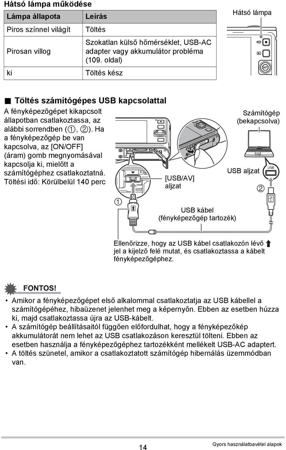 Ha a fényképezőgép be van kapcsolva, az [ON/OFF] (áram) gomb megnyomásával kapcsolja ki, mielőtt a számítógéphez csatlakoztatná.