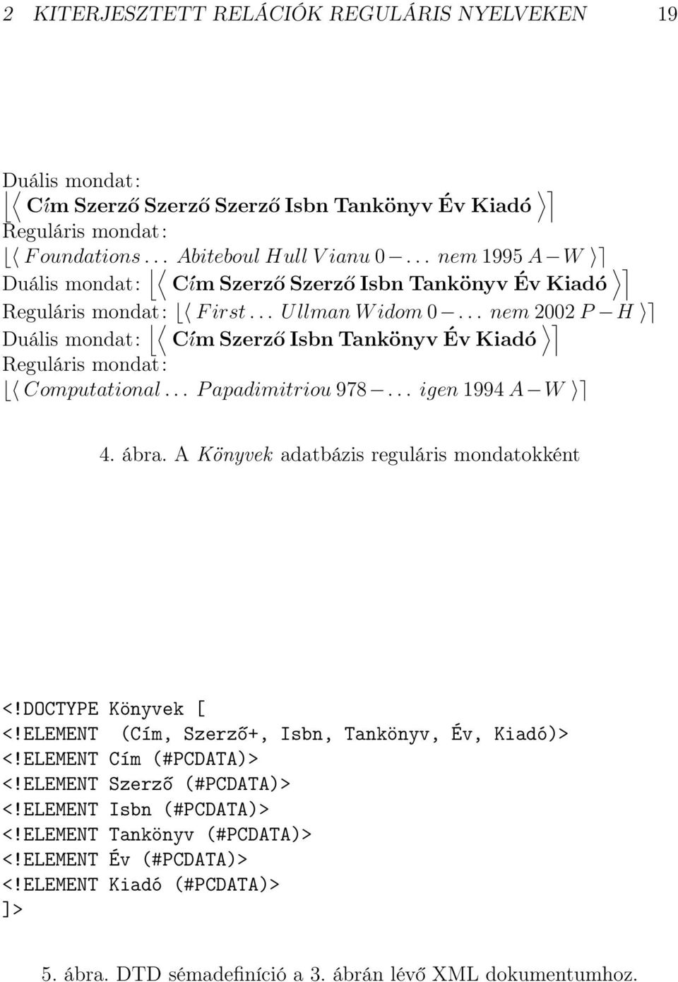 .. nem 2002 P H Duális mondat: Cím Szerz ó Isbn Tankönyv Év Kiadó Reguláris mondat: Computational... P apadimitriou 978... igen 1994 A W 4. ábra. A Könyvek adatbázis reguláris mondatokként <!