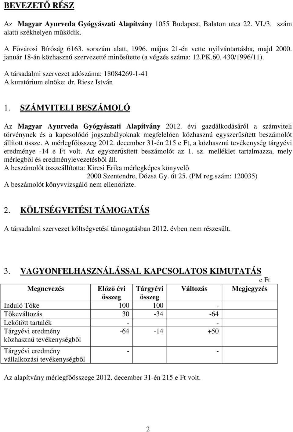 A társadalmi szervezet adószáma: 18084269-1-41 A kuratórium elnöke: dr. Riesz István 1. SZÁMVITELI BESZÁMOLÓ Az Magyar Ayurveda Gyógyászati Alapítvány 2012.