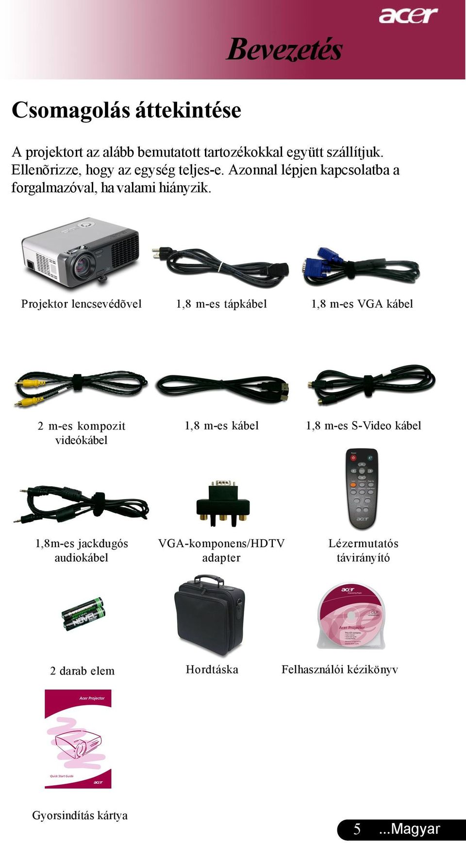 Projektor lencsevédõvel 1,8 m-es tápkábel 1,8 m-es VGA kábel 2 m-es kompozit videókábel 1,8 m-es kábel 1,8 m-es S-Video