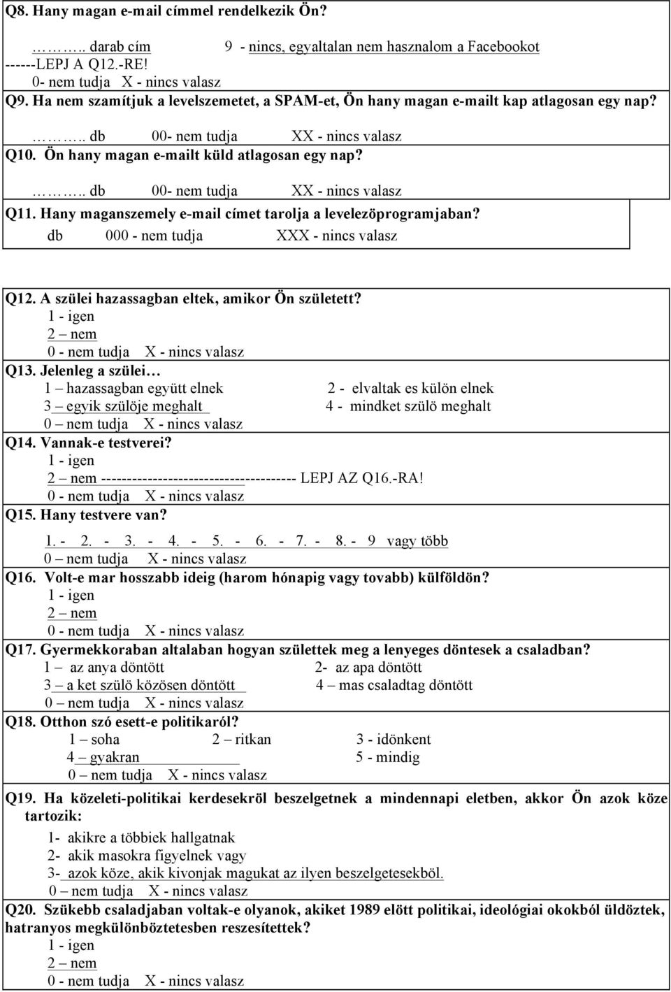 .. db 00- nem tudja XX - nincs valasz Q11. Hany maganszemely e-mail címet tarolja a levelezöprogramjaban? db 000 - nem tudja XXX - nincs valasz Q12. A szülei hazassagban eltek, amikor Ön született?