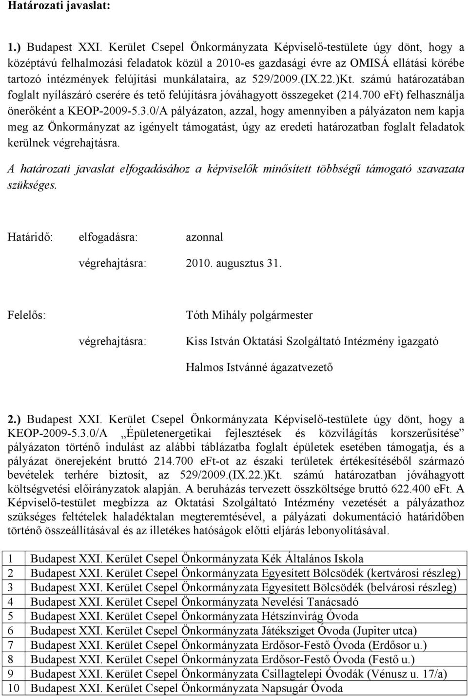 az 529/2009.(IX.22.)Kt. számú határozatában foglalt nyílászáró cserére és tető felújításra jóváhagyott összegeket (214.700 ) felhasználja önerőként a KEOP-2009-5.3.