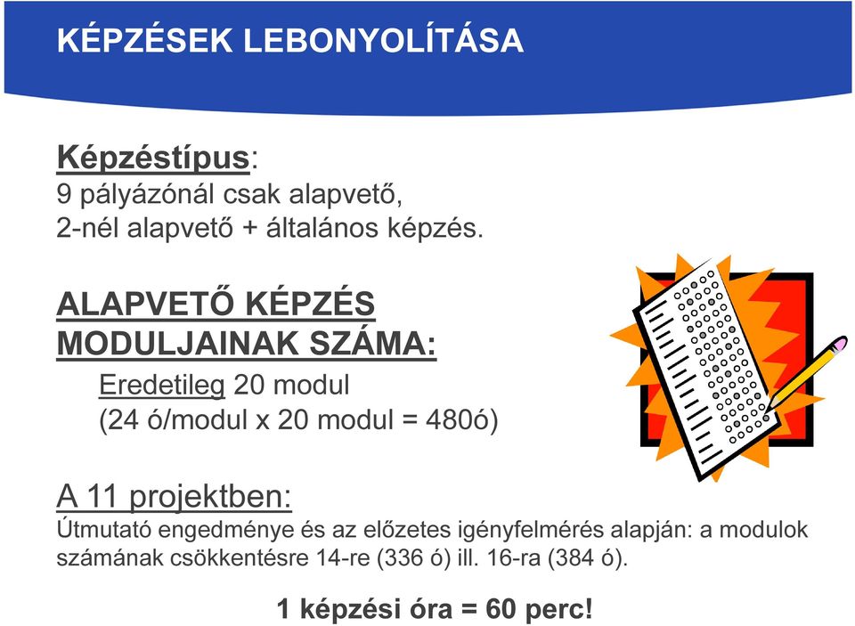 ALAPVETŐ KÉPZÉS MODULJAINAK SZÁMA: Eredetileg 20 modul (24 ó/modul x 20 modul = 480ó) A