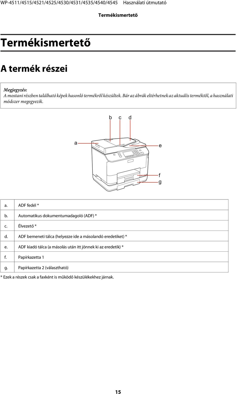 Automatikus dokumentumadagoló (ADF) * c. Élvezető * d. ADF bemeneti tálca (helyezze ide a másolandó eredetiket) * e.