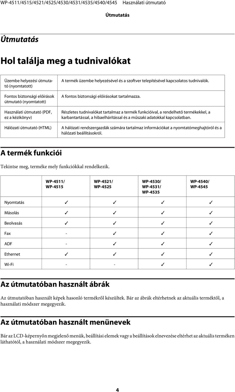 Részletes tudnivalókat tartalmaz a termék funkcióival, a rendelhető termékekkel, a karbantartással, a hibaelhárítással és a műszaki adatokkal kapcsolatban.