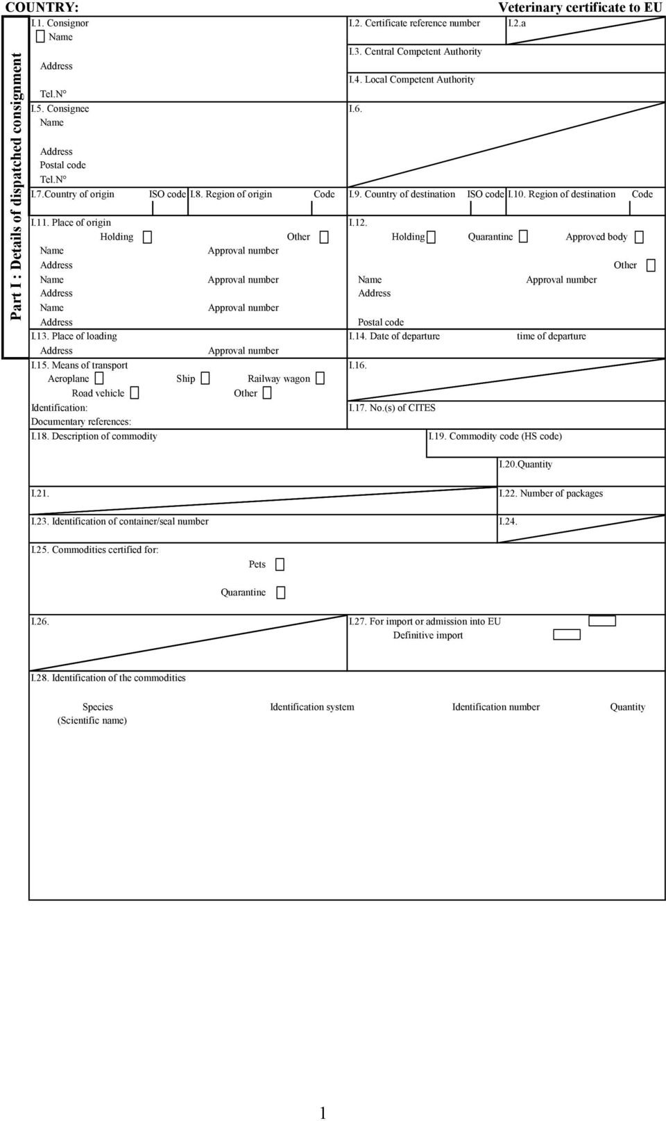 Holding Other Holding Quarantine Approved body Approval Other Approval Approval Approval Postal code I.13. Place of loading I.14. Date of departure time of departure Approval I.15. Means of transpt I.