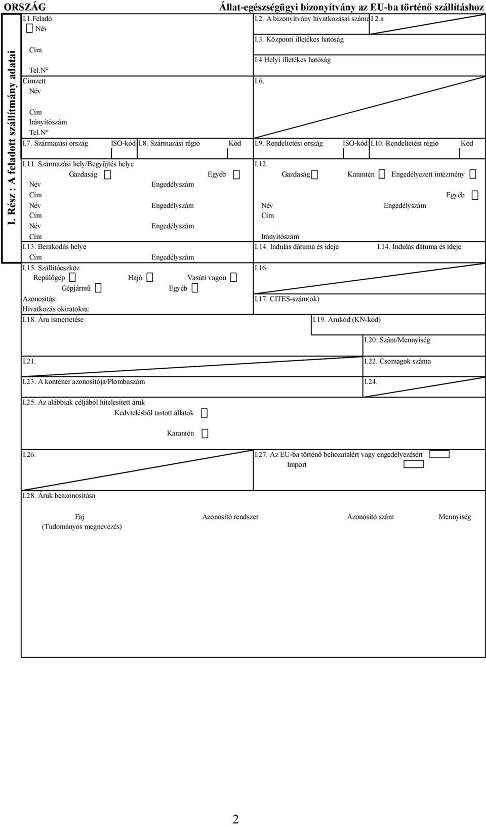 Gazdaság Egyéb Gazdaság Karantén Engedélyezett intézmény Egyéb Irányítószám I.13. Berakodás helye I.14. Indulás dátuma és ideje I.14. Indulás dátuma és ideje I.15. Szállítóeszköz I.16.