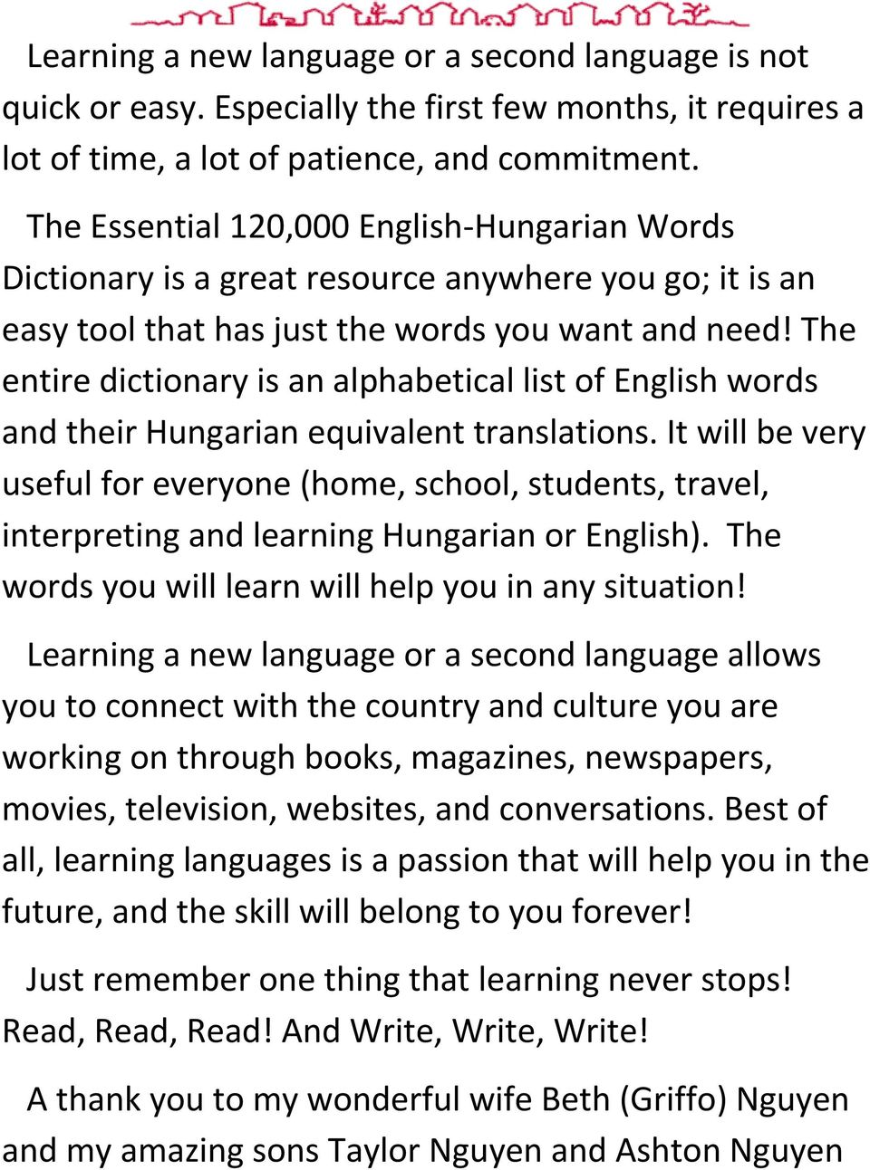 The entire dictionary is an alphabetical list of English words and their Hungarian equivalent translations.