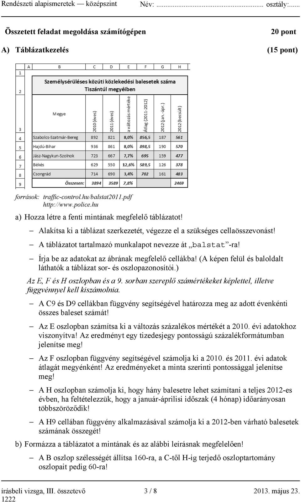 (A képen felül és baloldalt láthatók a táblázat sor- és oszlopazonosítói.) Az E, F és H oszlopban és a 9. sorban szereplő számértékeket képlettel, illetve függvénnyel kell kiszámolnia.