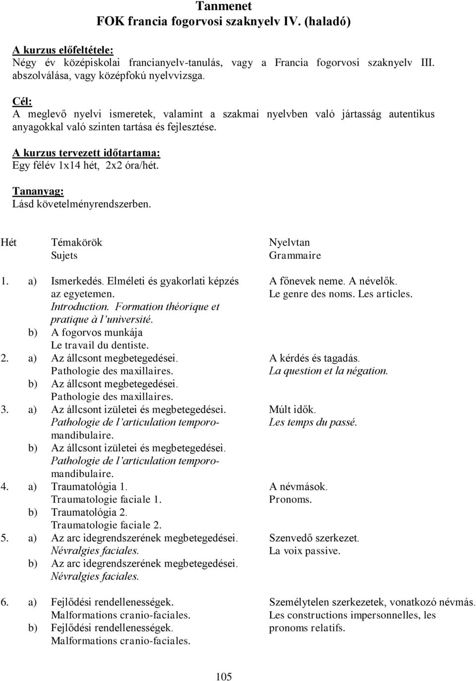 A kurzus tervezett időtartama: Egy félév 1x14 hét, 2x2 óra/hét. Tananyag: Lásd követelményrendszerben. Hét Témakörök Sujets Nyelvtan Grammaire 1. a) Ismerkedés.