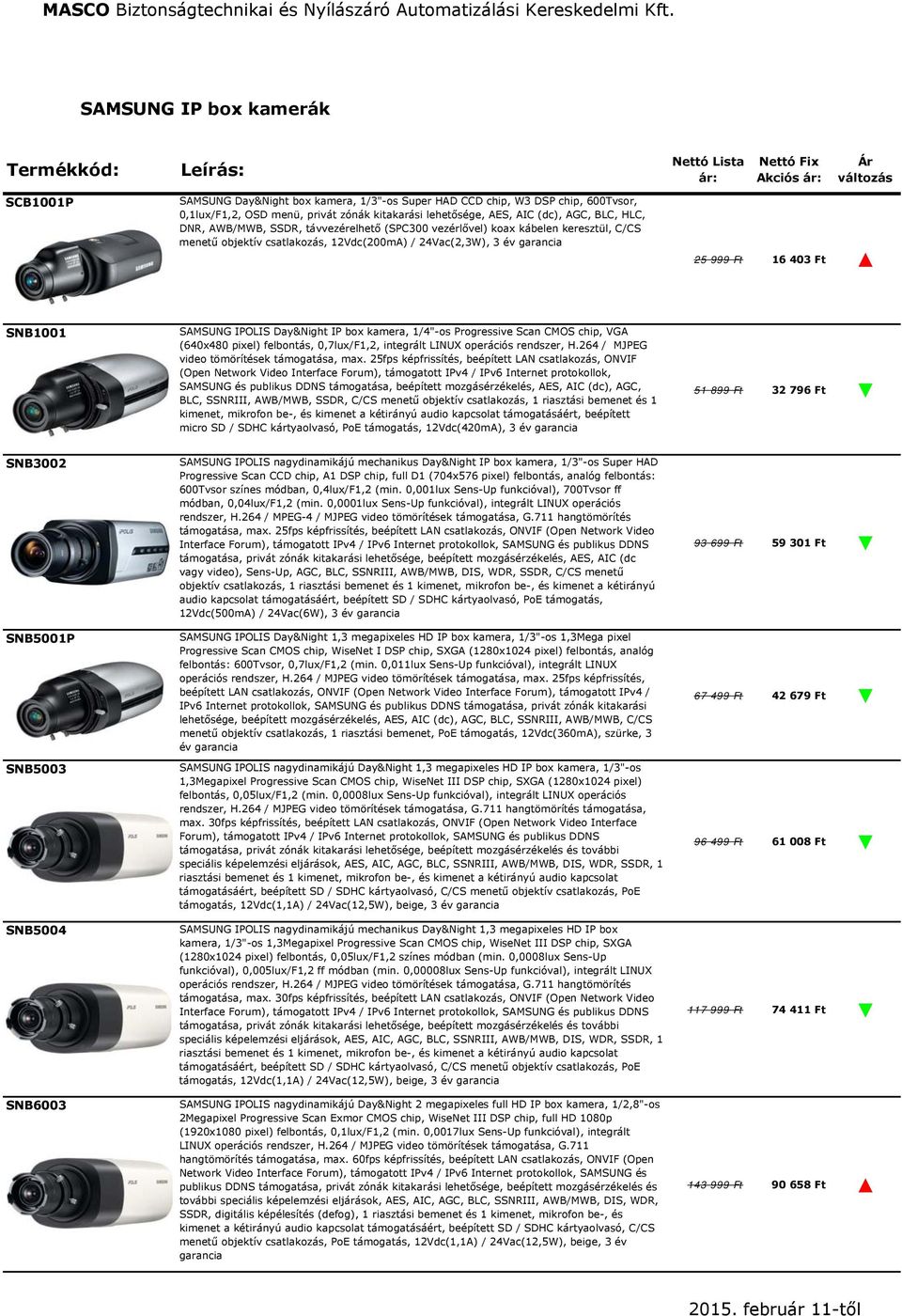 24Vac(2,3W), 3 év garancia 25 999 Ft 16 403 Ft SNB1001 SAMSUNG IPOLIS Day&Night IP box kamera, 1/4"-os Progressive Scan CMOS chip, VGA (640x480 pixel) felbontás, 0,7lux/F1,2, integrált LINUX