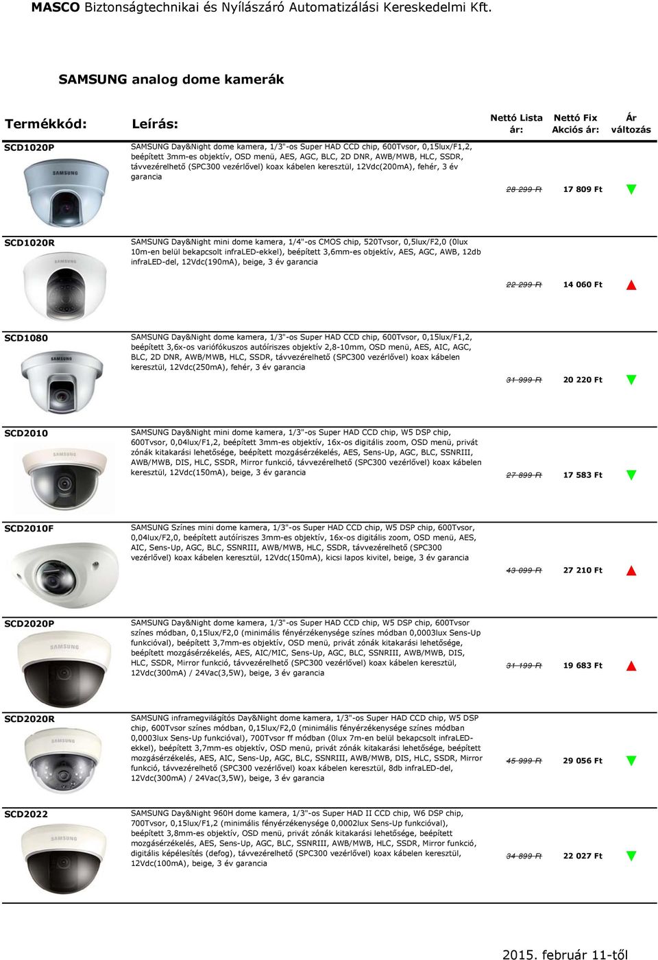 SAMSUNG Day&Night mini dome kamera, 1/4"-os CMOS chip, 520Tvsor, 0,5lux/F2,0 (0lux 10m-en belül bekapcsolt infraled-ekkel), beépített 3,6mm-es objektív, AES, AGC, AWB, 12db infraled-del,