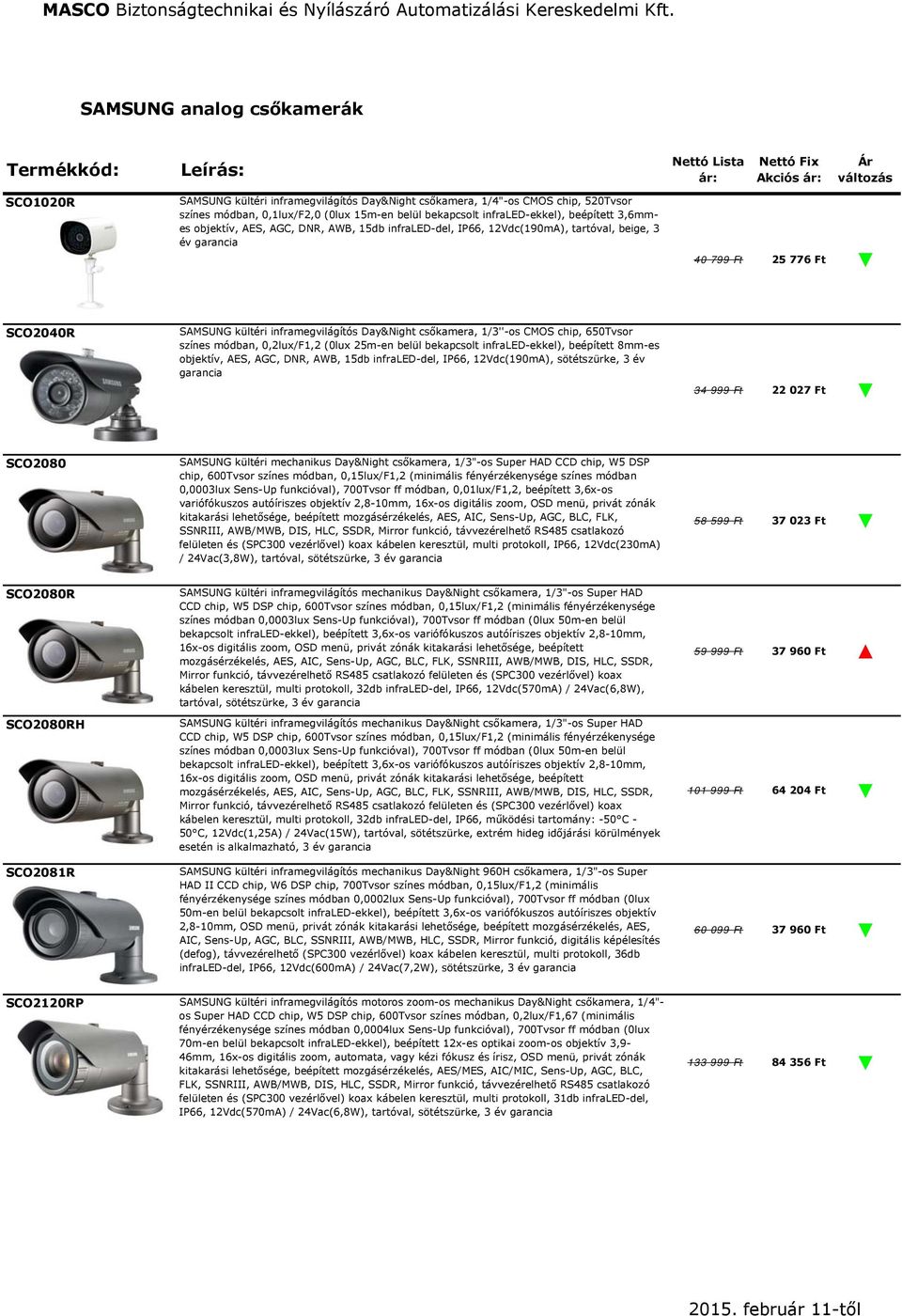 776 Ft SCO2040R SAMSUNG kültéri inframegvilágítós Day&Night csőkamera, 1/3''-os CMOS chip, 650Tvsor színes módban, 0,2lux/F1,2 (0lux 25m-en belül bekapcsolt infraled-ekkel), beépített 8mm-es