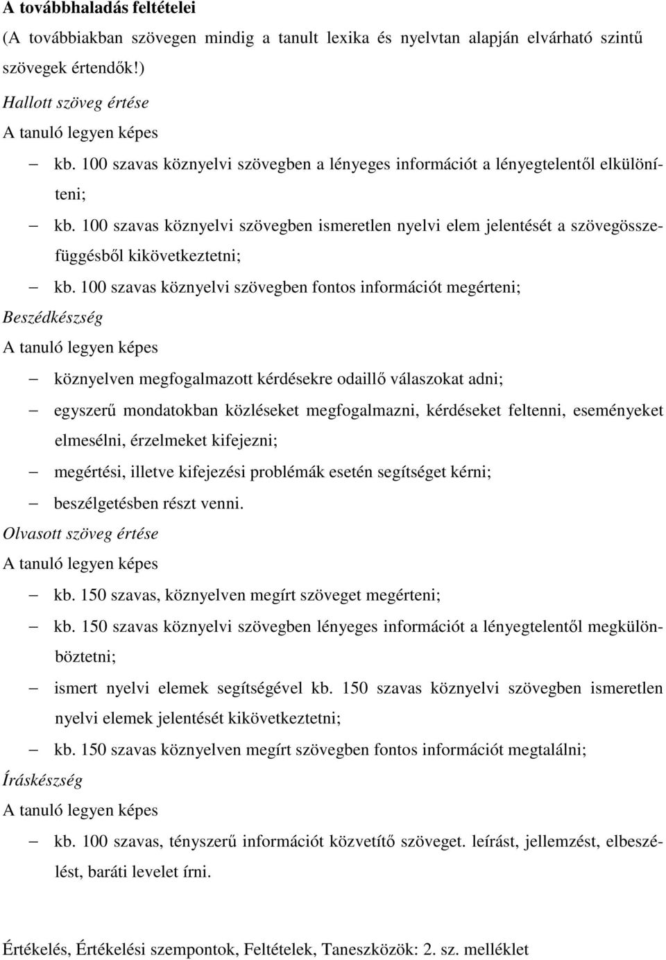 100 szavas köznyelvi szövegben fontos információt megérteni; Beszédkészség A tanuló legyen képes köznyelven megfogalmazott kérdésekre odaillı válaszokat adni; egyszerő mondatokban közléseket