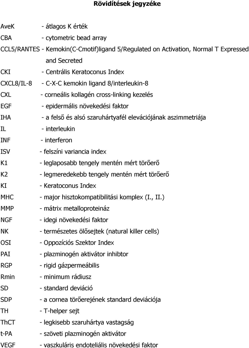aszimmetriája IL - interleukin INF - interferon ISV - felszíni variancia index K1 - leglaposabb tengely mentén mért törőerő K2 - legmeredekebb tengely mentén mért törőerő KI - Keratoconus Index MHC -