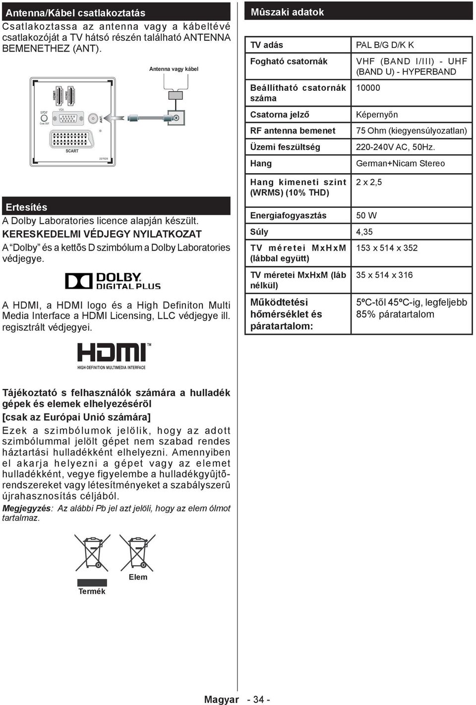 UHF (BAND U) - HYPERBAND 10000 Képernyőn 75 Ohm (kiegyensúlyozatlan) 220-240V AC, 50Hz. German+Nicam Stereo Ertesítés A Dolby Laboratories licence alapján készült.