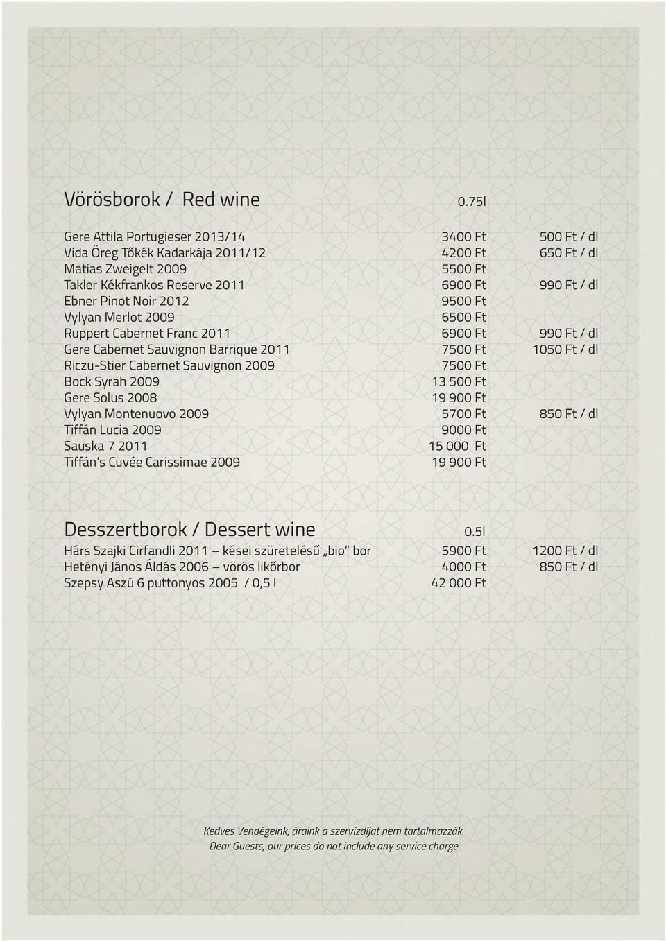 Pinot Noir 2012 9500 Ft Vylyan Merlot 2009 6500 Ft Ruppert Cabernet Franc 2011 6900 Ft 990 Ft / dl Gere Cabernet Sauvignon Barrique 2011 7500 Ft 1050 Ft / dl Riczu-Stier Cabernet Sauvignon 2009 7500