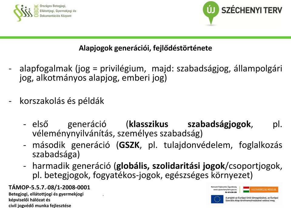 véleménynyilvánítás, személyes szabadság) - második generáció (GSZK, pl tulajdonvédelem, foglalkozás szabadsága) -