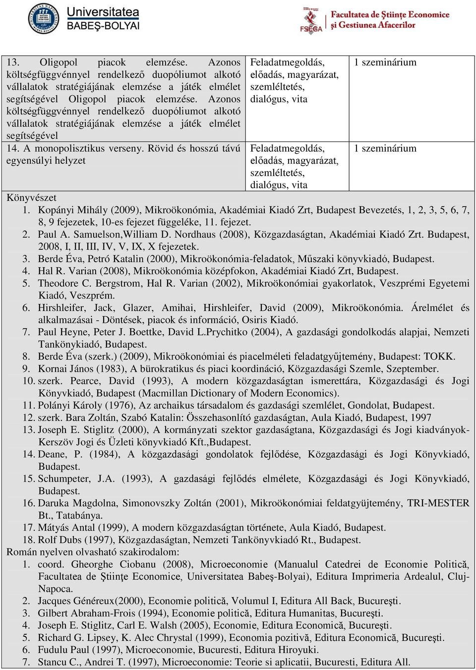 Rövid és hosszú távú egyensúlyi helyzet Könyvészet 1. Kopányi Mihály (2009), Mikroökonómia, Akadémiai Kiadó Zrt, Budapest Bevezetés, 1, 2, 3, 5, 6, 7, 8, 9 fejezetek, 10-es fejezet függeléke, 11.