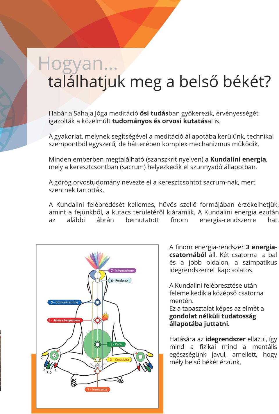 Minden emberben megtalálható (szanszkrit nyelven) a Kundalini energia, mely a keresztcsontban (sacrum) helyezkedik el szunnyadó állapotban.