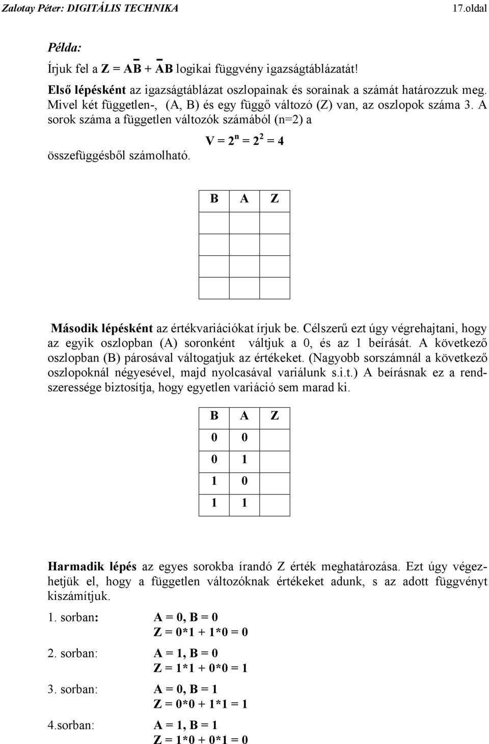 számából (n=2) a összefüggésből számolható V = 2 n = 2 2 = 4 B A Z Második lépésként az értékvariációkat írjuk be Célszerű ezt úgy végrehajtani, hogy az egyik oszlopban (A) soronként váltjuk a 0, és