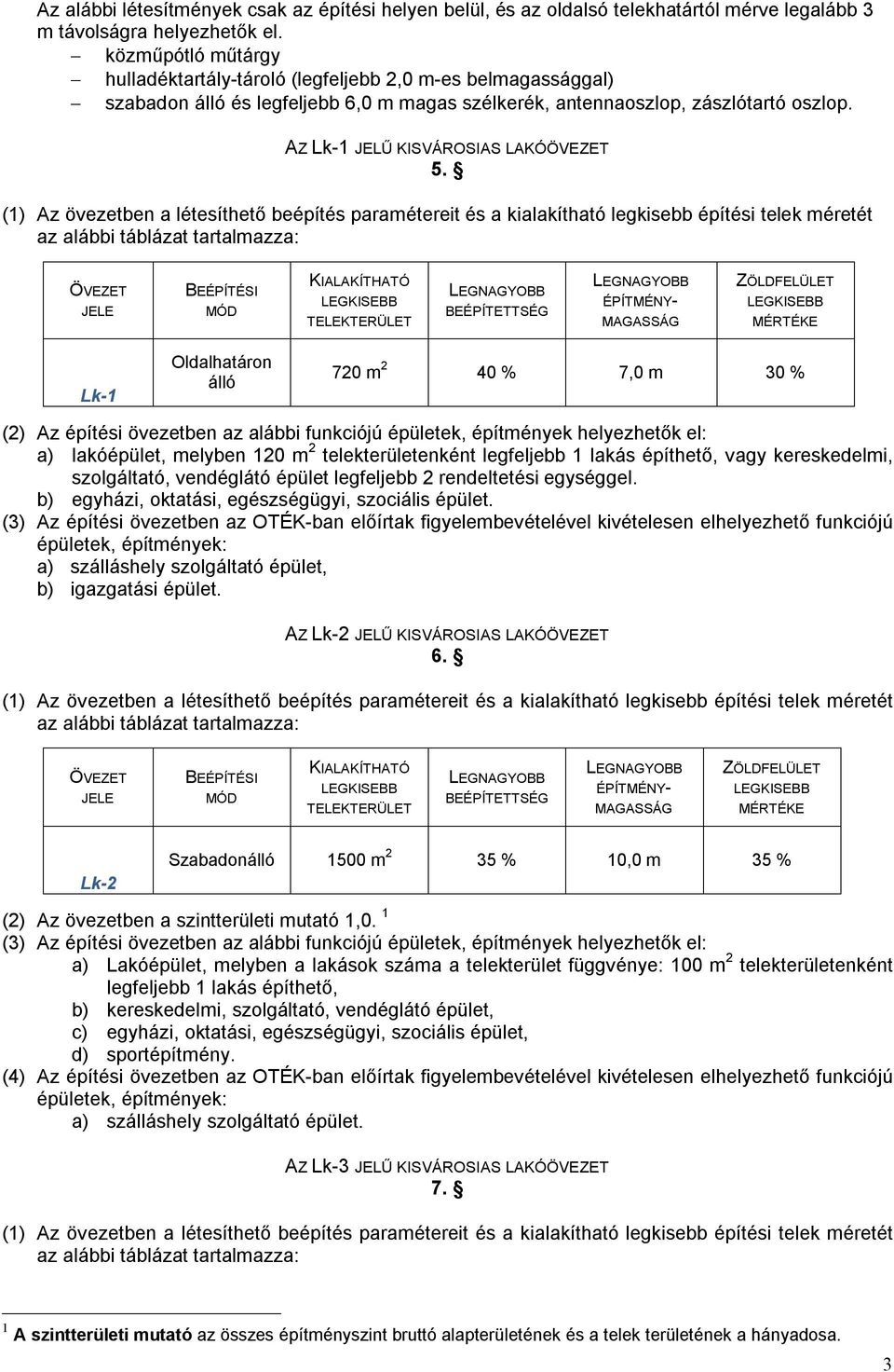 Lk-1 Oldalhatáron álló 720 m 2 40 % 7,0 m 30 % (2) Az építési övezetben az alábbi funkciójú épületek, építmények helyezhetők el: a) lakóépület, melyben 120 m 2 telekterületenként legfeljebb 1 lakás