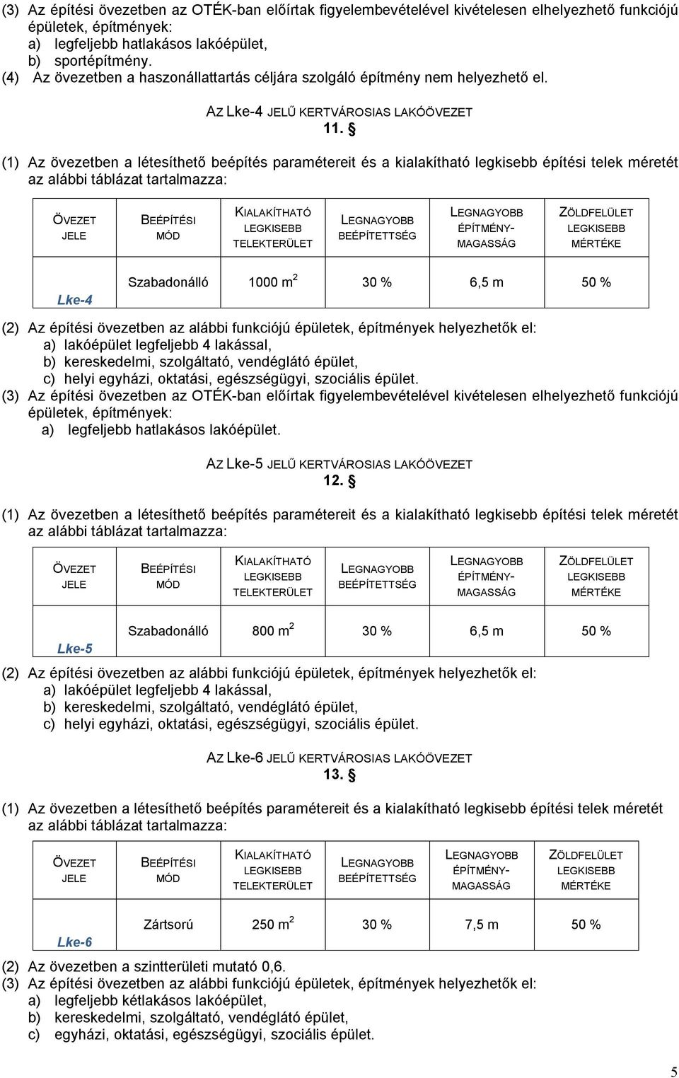 Lke-4 Szabadonálló 1000 m 2 30 % 6,5 m 50 % (2) Az építési övezetben az alábbi funkciójú épületek, építmények helyezhetők el: a) lakóépület legfeljebb 4 lakással, b) kereskedelmi, szolgáltató,