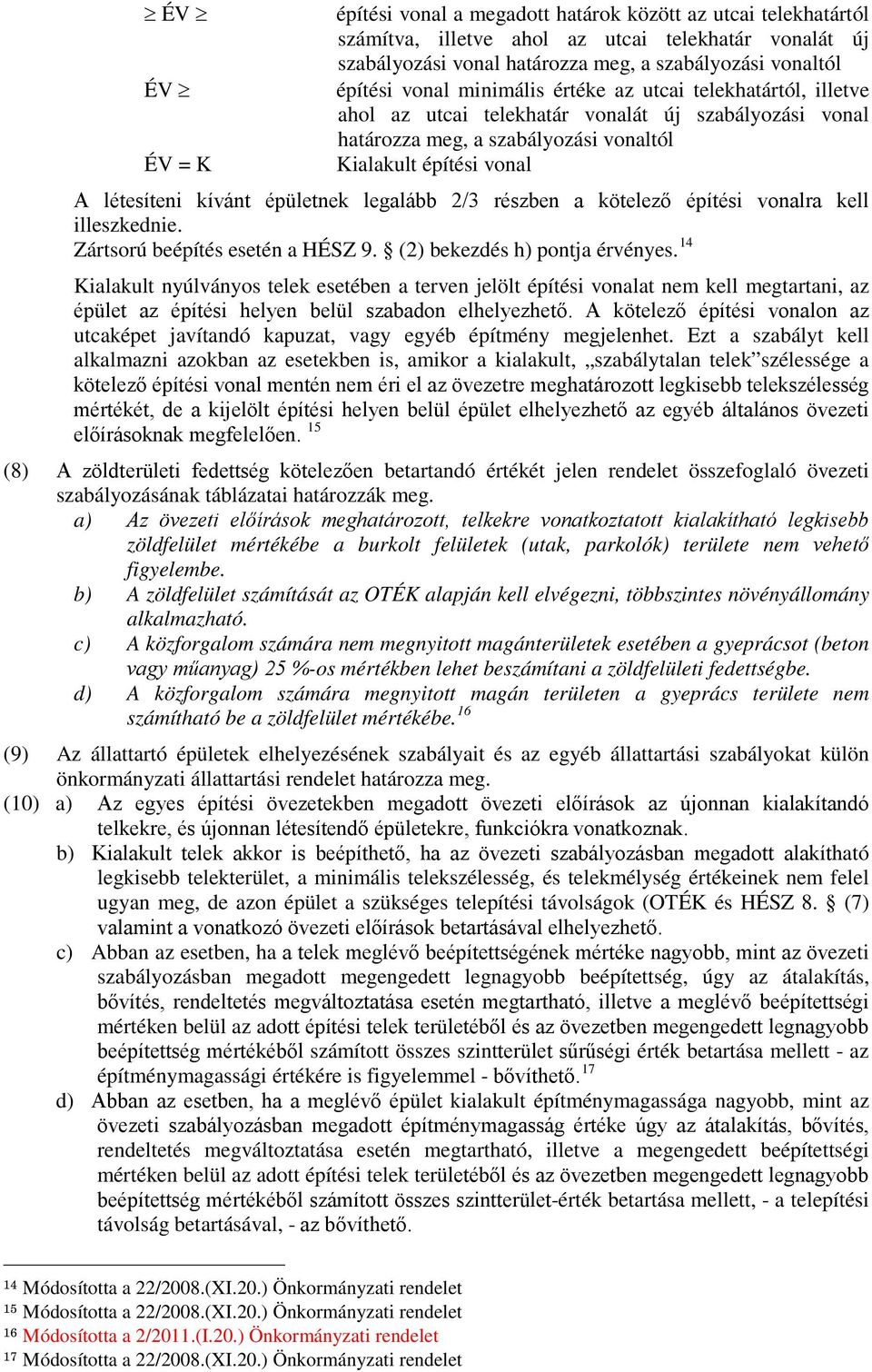 épületnek legalább 2/3 részben a kötelező építési vonalra kell illeszkednie. Zártsorú beépítés esetén a HÉSZ 9. (2) bekezdés h) pontja érvényes.