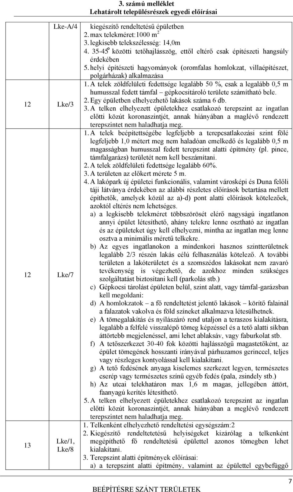 A telek zöldfelületi fedettsége legalább 50 %, csak a legalább 0,5 m humusszal fedett támfal gépkocsitároló területe számítható bele. 2. Egy épületben elhelyezhető lakások száma 6 db. 3.