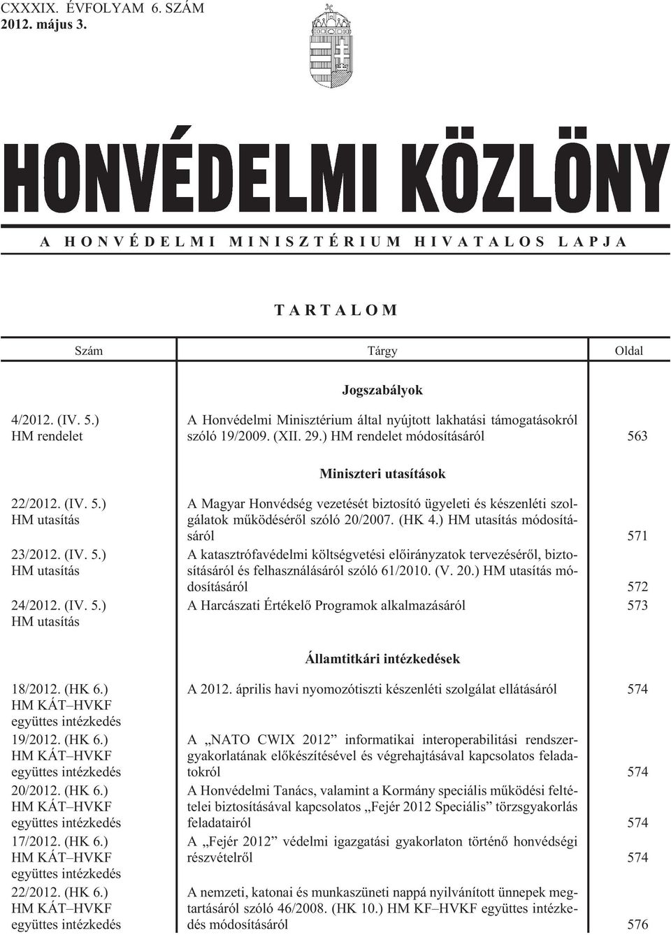 (IV. 5.) HM utasítás 24/2012. (IV. 5.) HM utasítás A Magyar Honvédség vezetését biztosító ügyeleti és készenléti szolgálatok mûködésérõl szóló 20/2007. (HK 4.