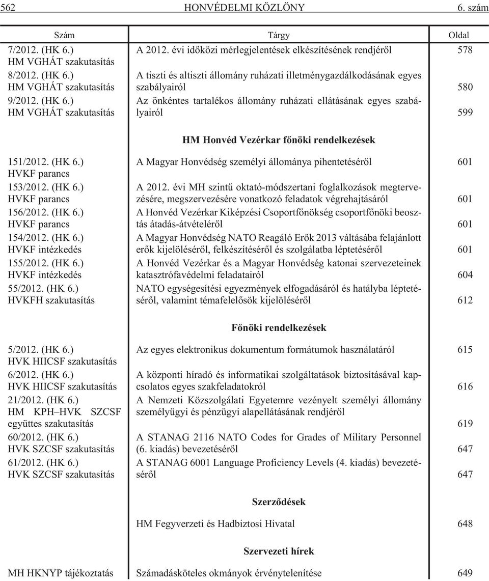 egyes szabályairól 599 HM Honvéd Vezérkar fõnöki rendelkezések 151/2012. (HK 6.) HVKF parancs 153/2012. (HK 6.) HVKF parancs 156/2012. (HK 6.) HVKF parancs 154/2012. (HK 6.) HVKF intézkedés 155/2012.