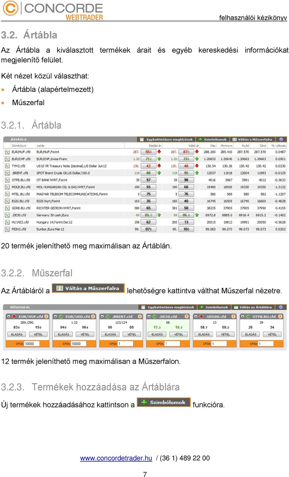 Ártábla 20 termék jeleníthető meg maximálisan az Ártáblán. 3.2.2. Műszerfal Az Ártábláról a lehetőségre kattintva válthat Műszerfal nézetre.