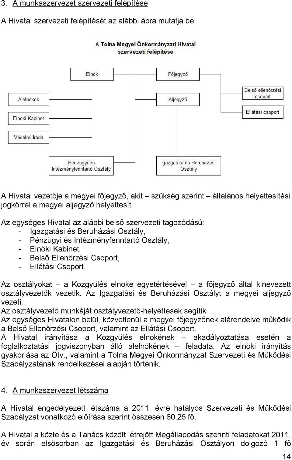 Az egységes Hivatal az alábbi belső szervezeti tagozódású: - Igazgatási és Beruházási Osztály, - Pénzügyi és Intézményfenntartó Osztály, - Elnöki Kabinet, - Belső Ellenőrzési Csoport, - Ellátási