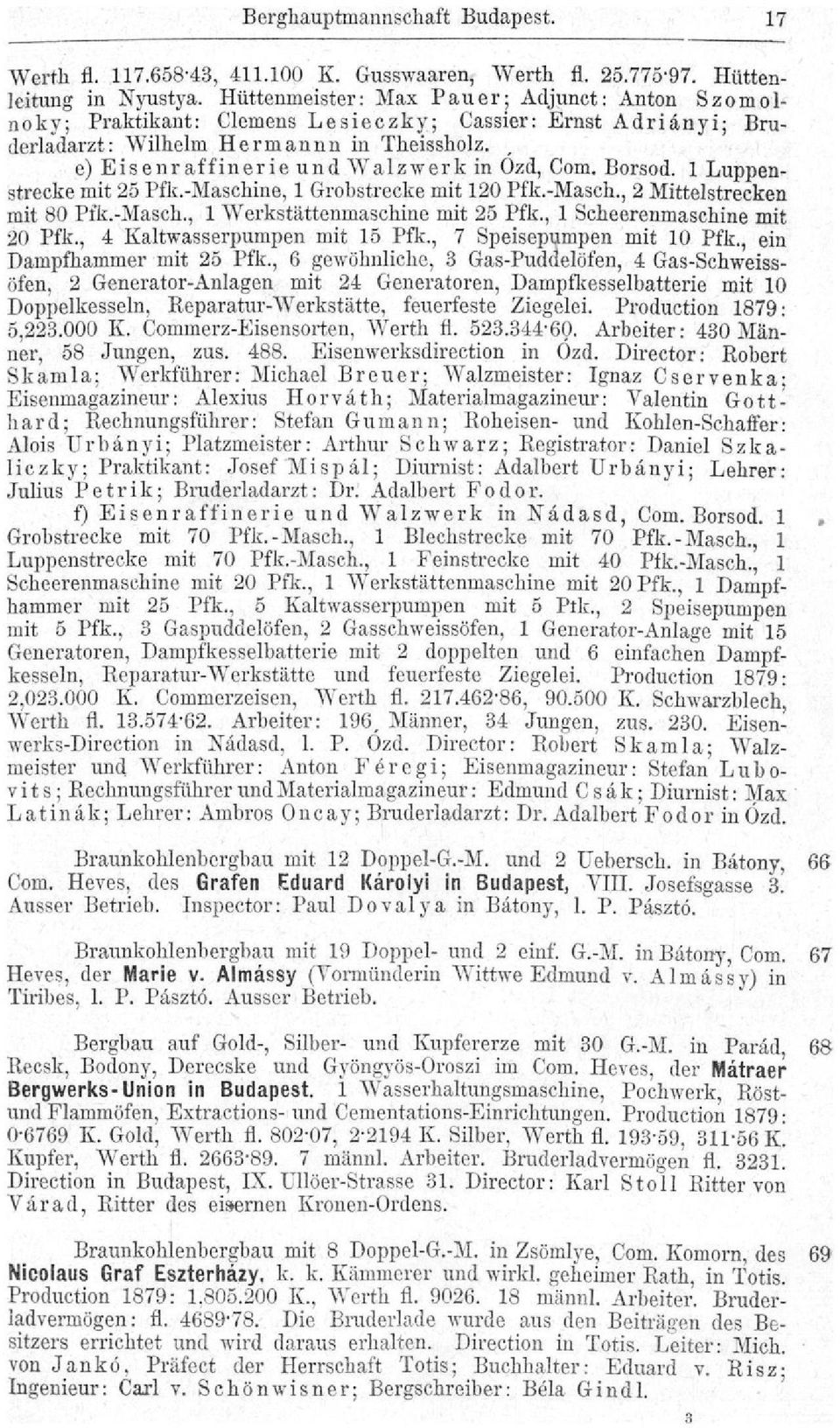 t e) Eisenraffinerie und Walzwerk in Ozd, Com. Borsod. 1 Luppenstrecke mit 25 Pfk.-Maschine, 1 Grobstrecke mit 120 Pfk.-Masch., 2 Mittelstrecken mit 80 Pfk.-Masch., 1 Werkstättenmaschine mit 25 Pfk.