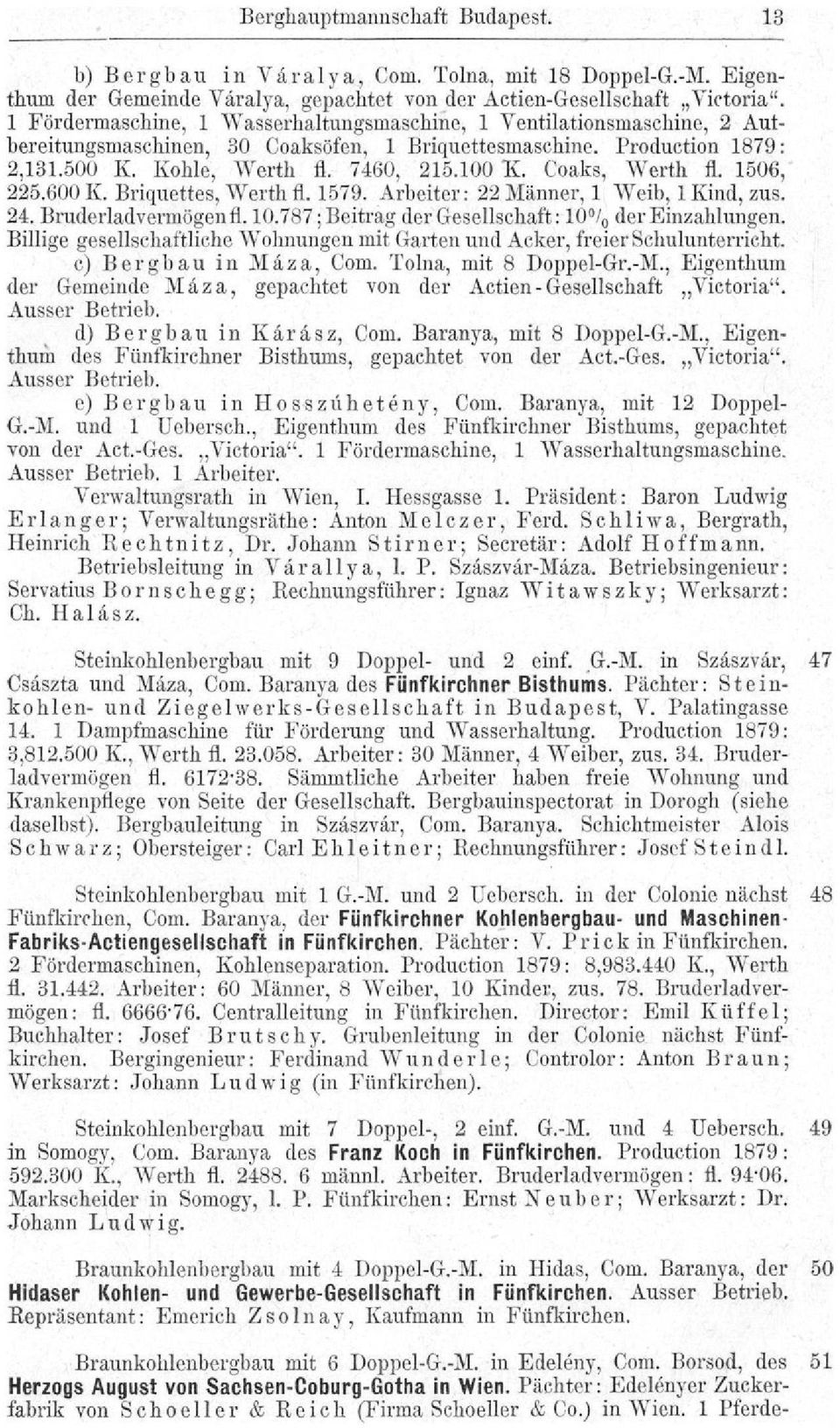 Coaks, Werth fl. 1506, 225.600 K. Briquettes, Werth fl. 1579. Arbeiter: 22 Männer, 1 Weib, 1 Kind, zus. 24. Bruderladvermögen fl. 10.787; Beitrag der Gesellschaft: 10 / 0 der Einzahlungen.