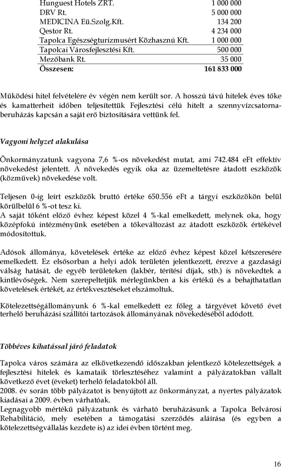 A hosszú távú hitelek éves tőke és kamatterheit időben teljesítettük Fejlesztési célú hitelt a szennyvízcsatornaberuházás kapcsán a saját erő biztosítására vettünk fel.