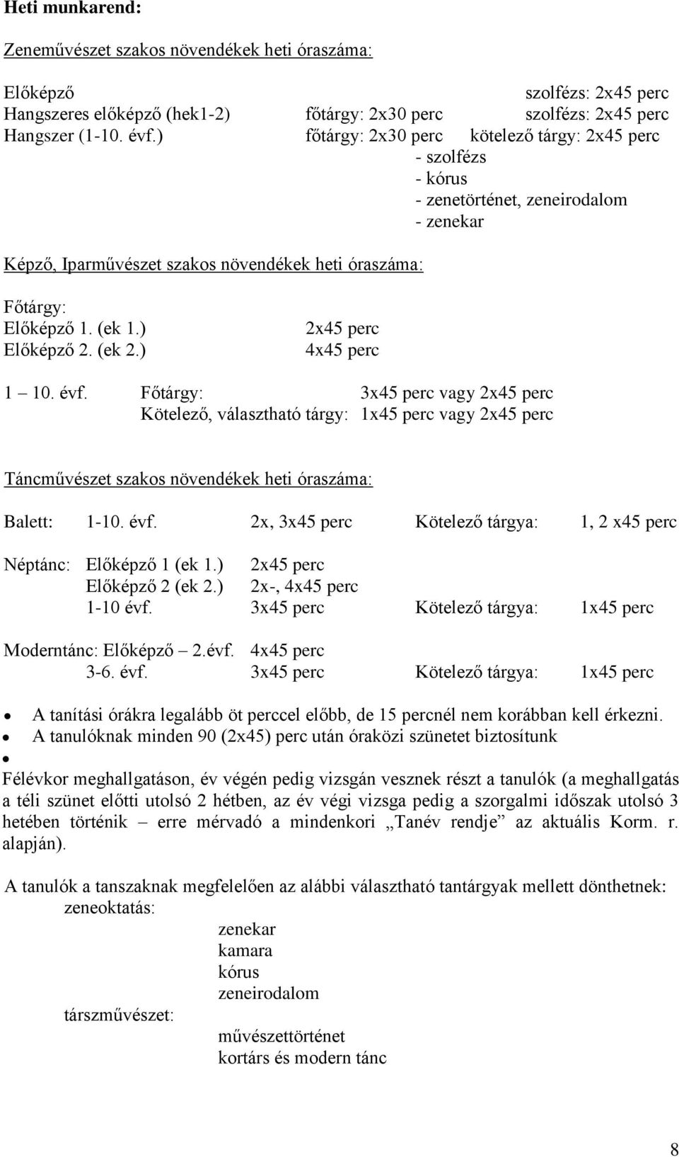 (ek 2.) 2x45 perc 4x45 perc 1 10. évf. Főtárgy: 3x45 perc vagy 2x45 perc Kötelező, választható tárgy: 1x45 perc vagy 2x45 perc Táncművészet szakos növendékek heti óraszáma: Balett: 1-10. évf. 2x, 3x45 perc Kötelező tárgya: 1, 2 x45 perc Néptánc: Előképző 1 (ek 1.