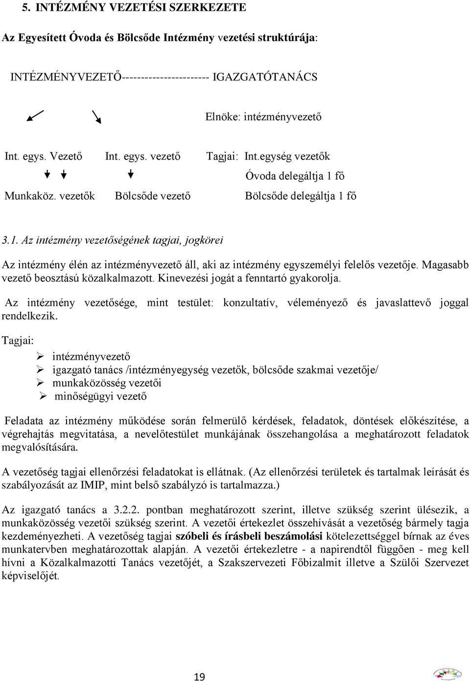 Magasabb vezető beosztású közalkalmazott. Kinevezési jogát a fenntartó gyakorolja. Az intézmény vezetősége, mint testület: konzultatív, véleményező és javaslattevő joggal rendelkezik.