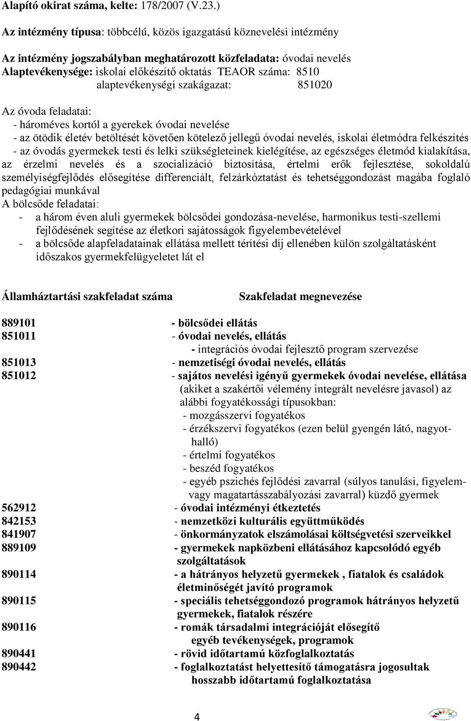 8510 alaptevékenységi szakágazat: 851020 Az óvoda feladatai: - hároméves kortól a gyerekek óvodai nevelése - az ötödik életév betöltését követően kötelező jellegű óvodai nevelés, iskolai életmódra