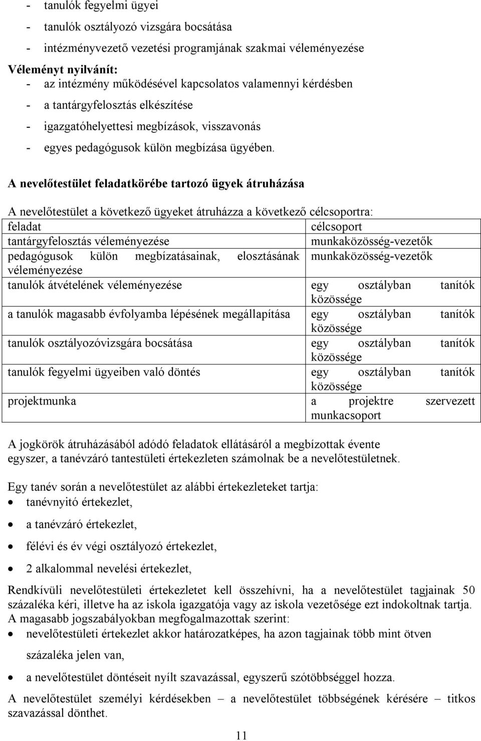 A nevelőtestület feladatkörébe tartozó ügyek átruházása A nevelőtestület a következő ügyeket átruházza a következő célcsoportra: feladat célcsoport tantárgyfelosztás véleményezése