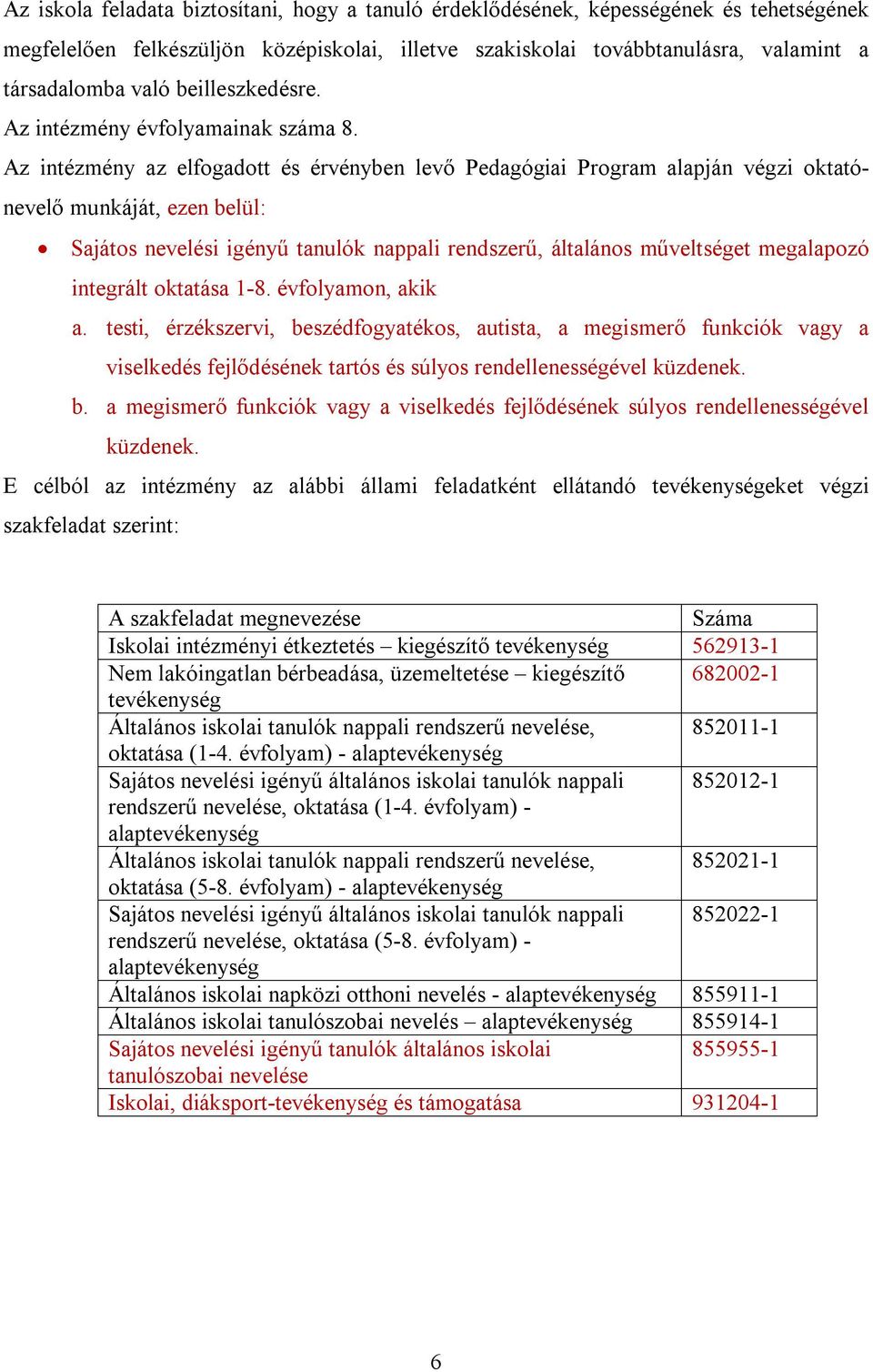 Az intézmény az elfogadott és érvényben levő Pedagógiai Program alapján végzi oktatónevelő munkáját, ezen belül: Sajátos nevelési igényű tanulók nappali rendszerű, általános műveltséget megalapozó