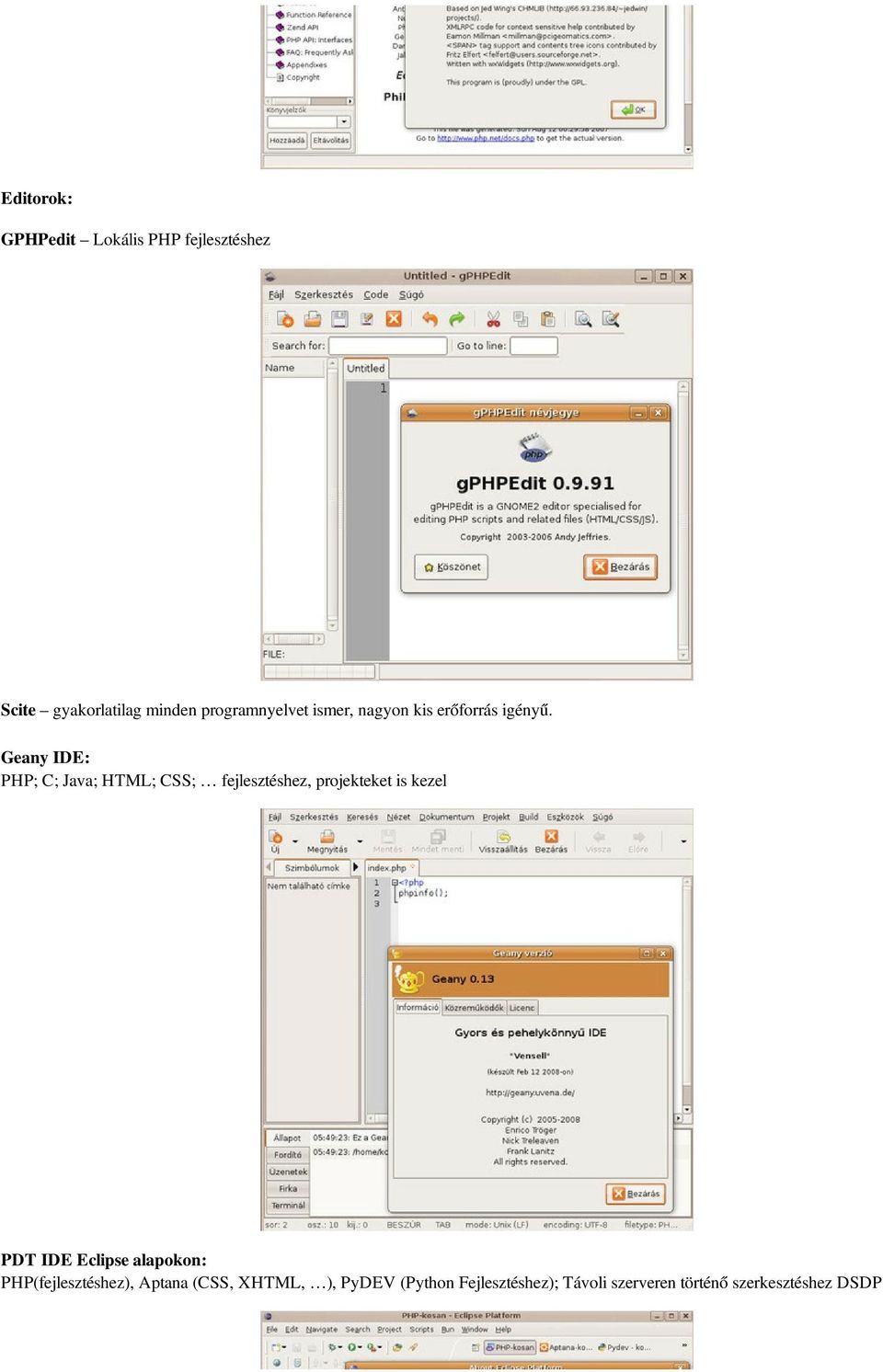 Geany IDE: PHP; C; Java; HTML; CSS; fejlesztéshez, projekteket is kezel PDT IDE