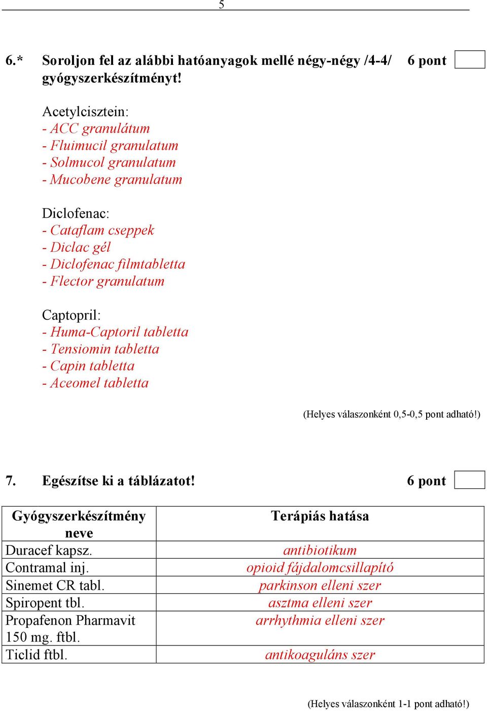 granulatum Captopril: - Huma-Captoril tabletta - Tensiomin tabletta - Capin tabletta - Aceomel tabletta (Helyes válaszonként 0,5-0,5 pont adható!) 7. Egészítse ki a táblázatot!