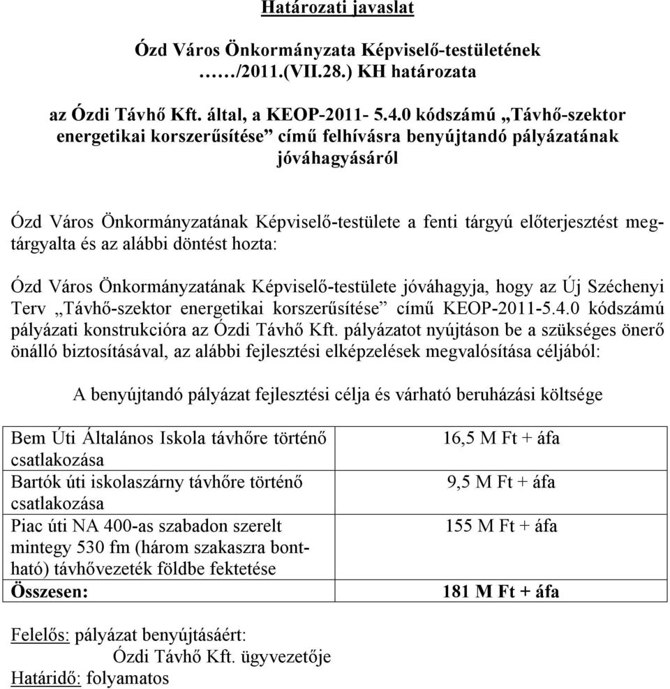 és az alábbi döntést hozta: Ózd Város Önkormányzatának Képviselő-testülete jóváhagyja, hogy az Új Széchenyi Terv Távhő-szektor energetikai korszerűsítése című KEOP-2011-5.4.